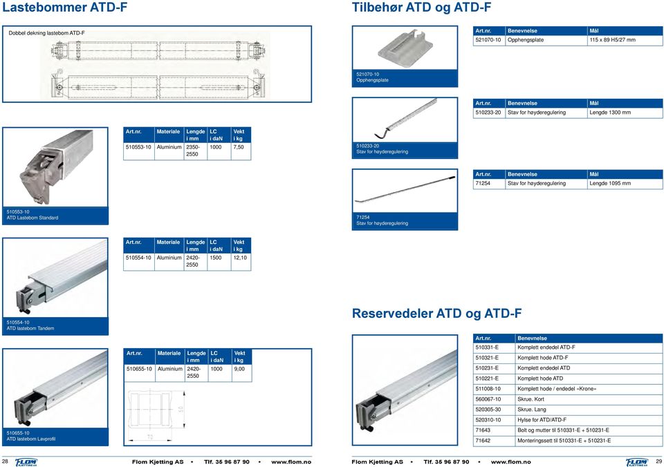 Standard 71254 Stav for høyderegulering Materiale Lengde i 510554-10 Aluminium 2420-2550 LC i dan i 1500 12,10 510554-10 ATD lastebom Tandem Reservedeler ATD og ATD-F Materiale Lengde i 510655-10