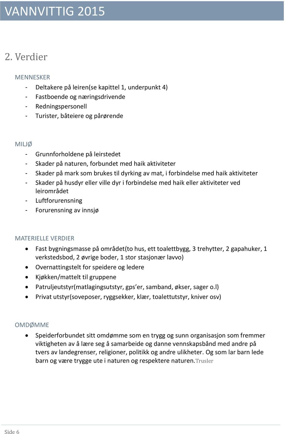 aktiviteter ved leirområdet - Luftforurensning - Forurensning av innsjø MATERIELLE VERDIER Fast bygningsmasse på området(to hus, ett toalettbygg, 3 trehytter, 2 gapahuker, 1 verkstedsbod, 2 øvrige