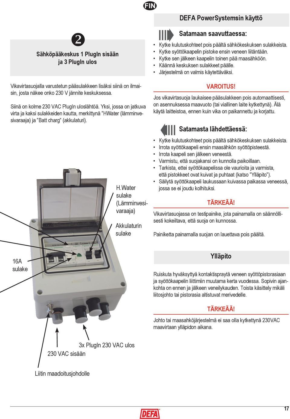 Vikavirtasuojalla varustetun pääsulakkeen lisäksi siinä on ilmaisin, josta näkee onko 230 V jännite keskuksessa. Siinä on kolme 230 VAC PlugIn uloslähtöä.