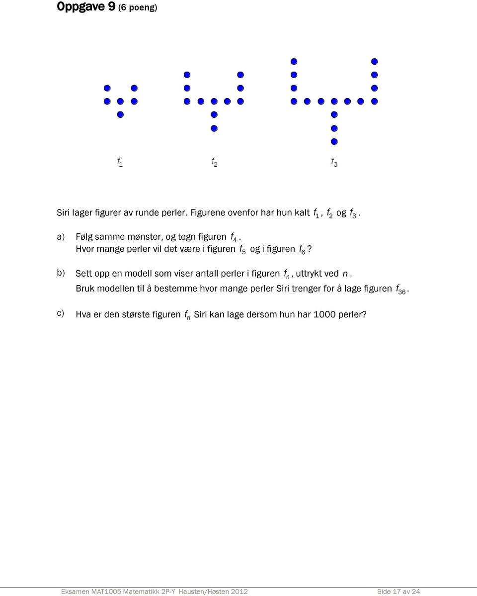 b) Sett opp en modell som viser antall perler i figuren f n, uttrykt ved n.