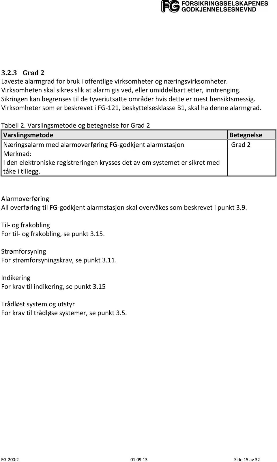 Varslingsmetode og betegnelse for Grad 2 Varslingsmetode Betegnelse Næringsalarm med alarmoverføring FG-godkjent alarmstasjon Grad 2 Merknad: I den elektroniske registreringen krysses det av om