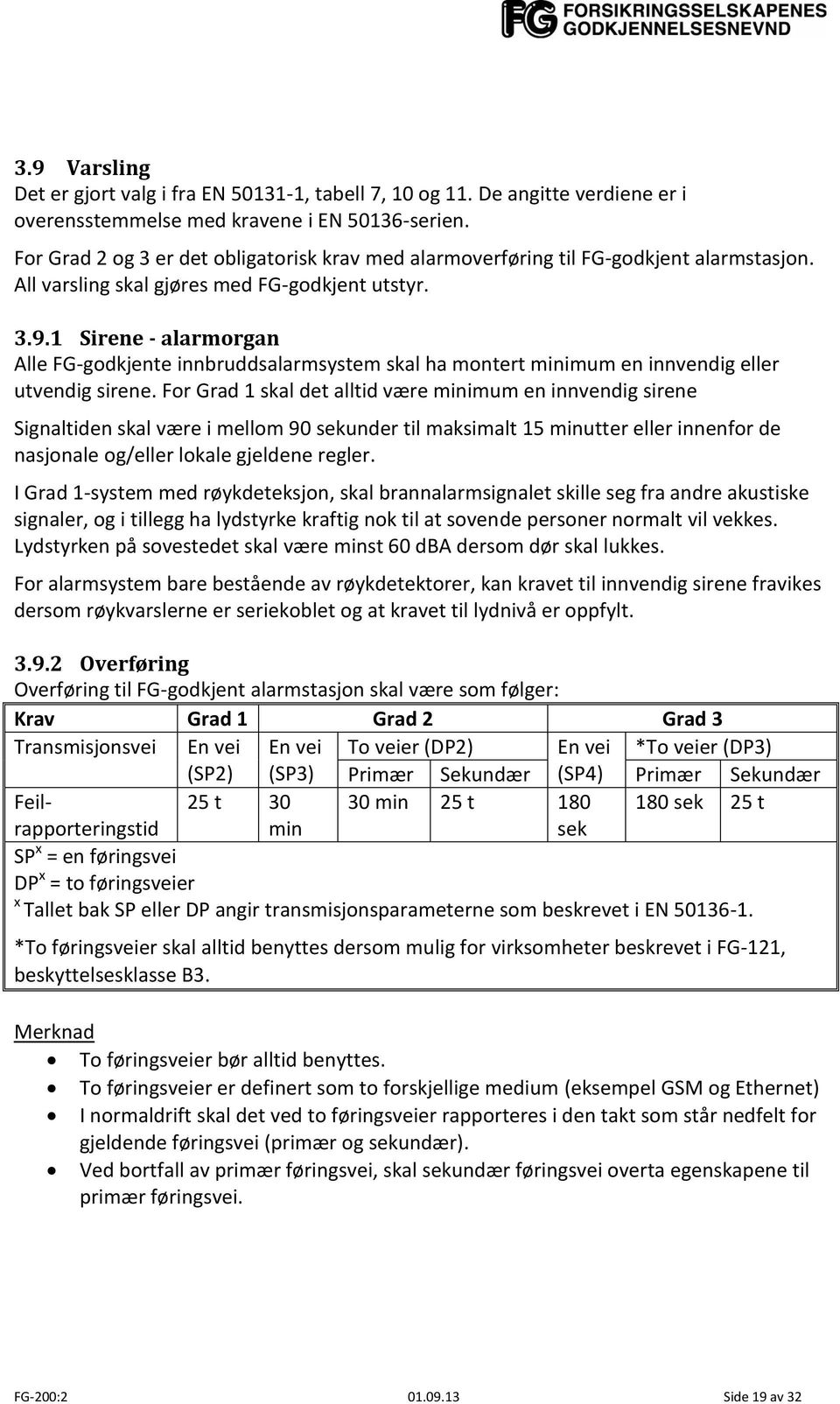 1 Sirene - alarmorgan Alle FG-godkjente innbruddsalarmsystem skal ha montert minimum en innvendig eller utvendig sirene.