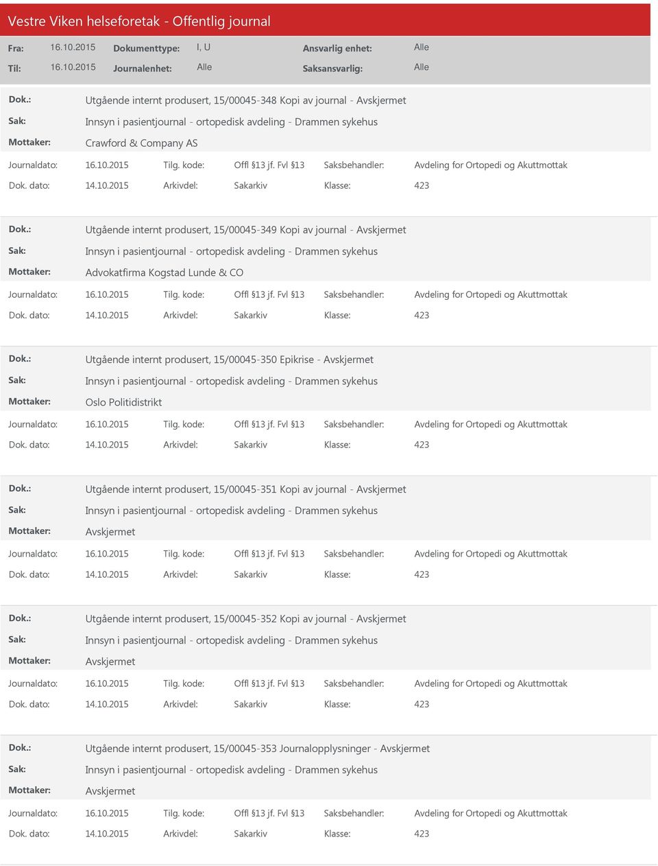 produsert, 15/00045-350 Epikrise - Innsyn i pasientjournal - ortopedisk avdeling - Drammen sykehus Oslo Politidistrikt Avdeling for Ortopedi og Akuttmottak tgående internt produsert, 15/00045-351