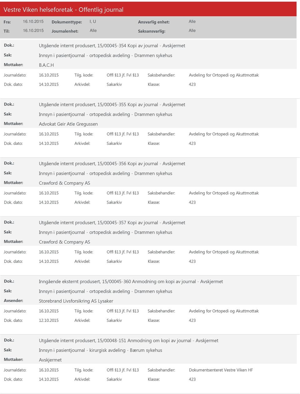 for Ortopedi og Akuttmottak tgående internt produsert, 15/00045-356 Kopi av journal - Innsyn i pasientjournal - ortopedisk avdeling - Drammen sykehus Crawford & Company AS Avdeling for Ortopedi og