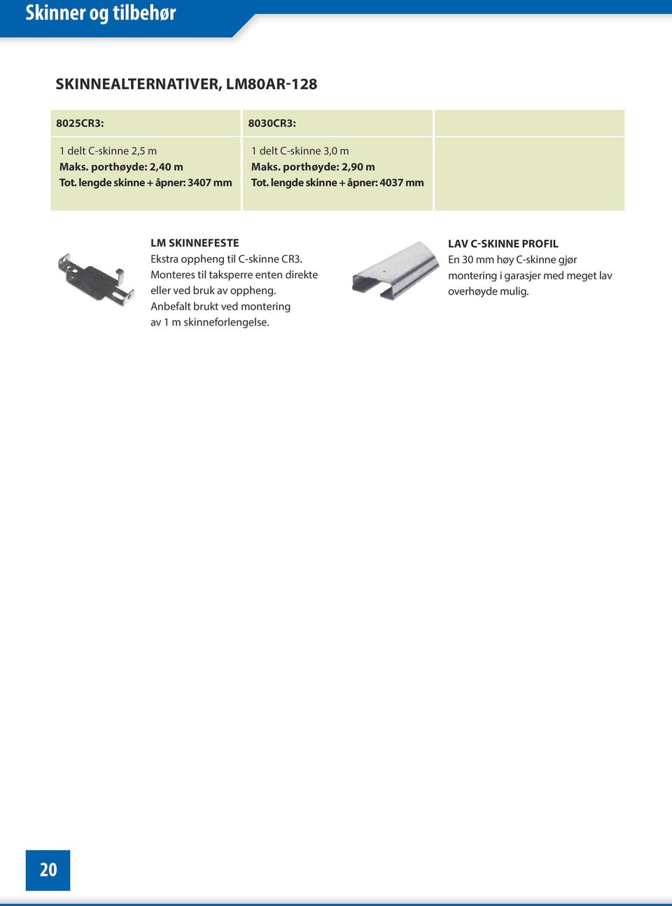 lengde skinne + åpner: 4037 mm LM SKINNEFESTE Ekstra oppheng til C-skinne CR3.