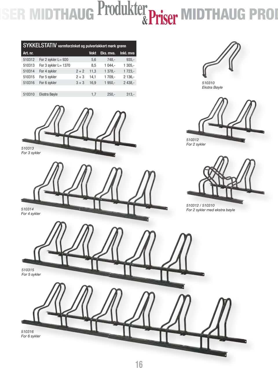 510315 For 5 sykler 2 + 3 14,1 1 709,- 2 136,- 510316 For 6 sykler 3 + 3 16,9 1 950,- 2 438,- 510310 Ekstra Bøyle 1,7 250,- 313,- 510310
