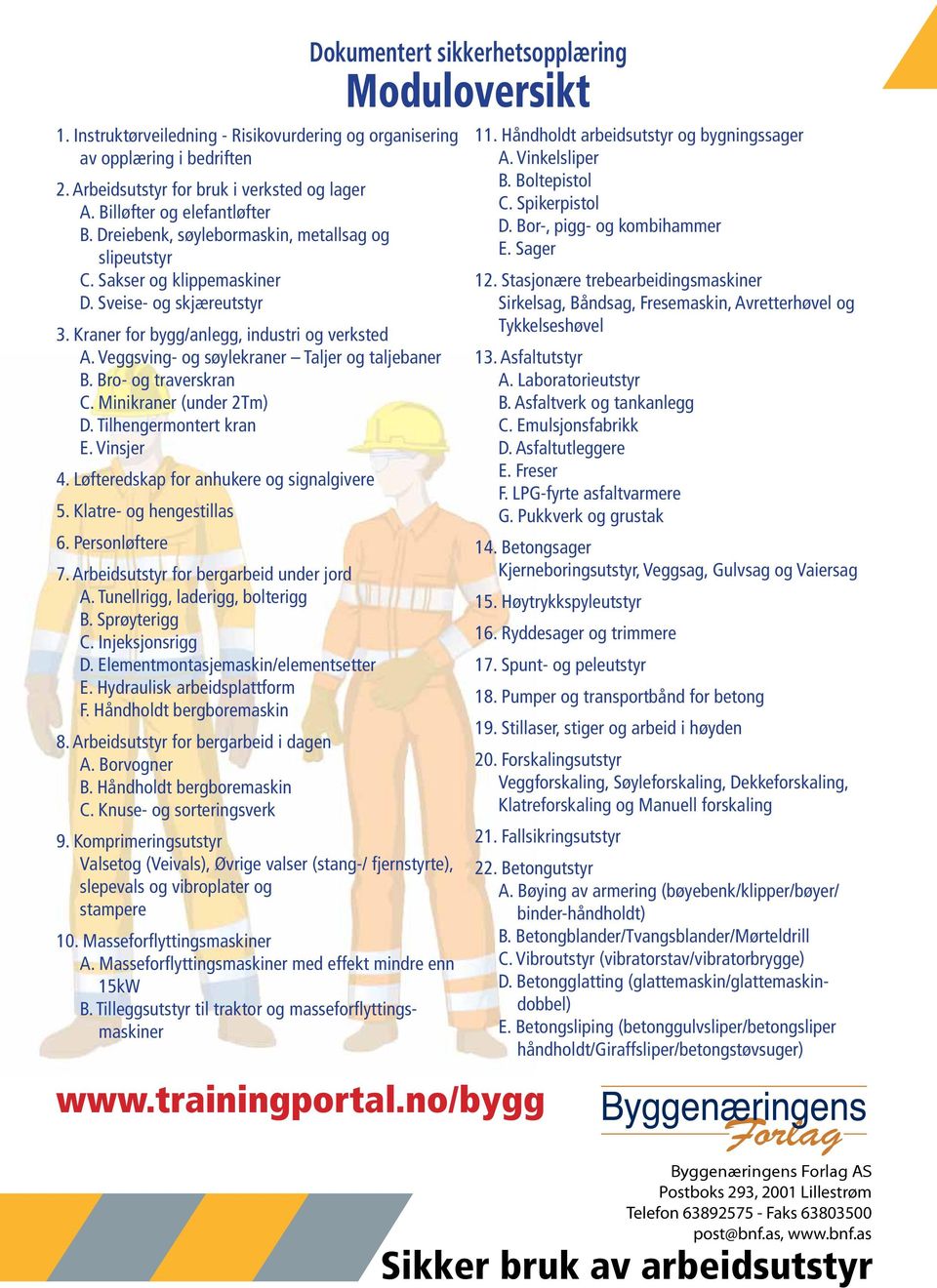 Veggsving- og søylekraner Taljer og taljebaner B. Bro- og traverskran C. Minikraner (under 2Tm) D. Tilhengermontert kran E. Vinsjer 4. Løfteredskap for anhukere og signalgivere 5.