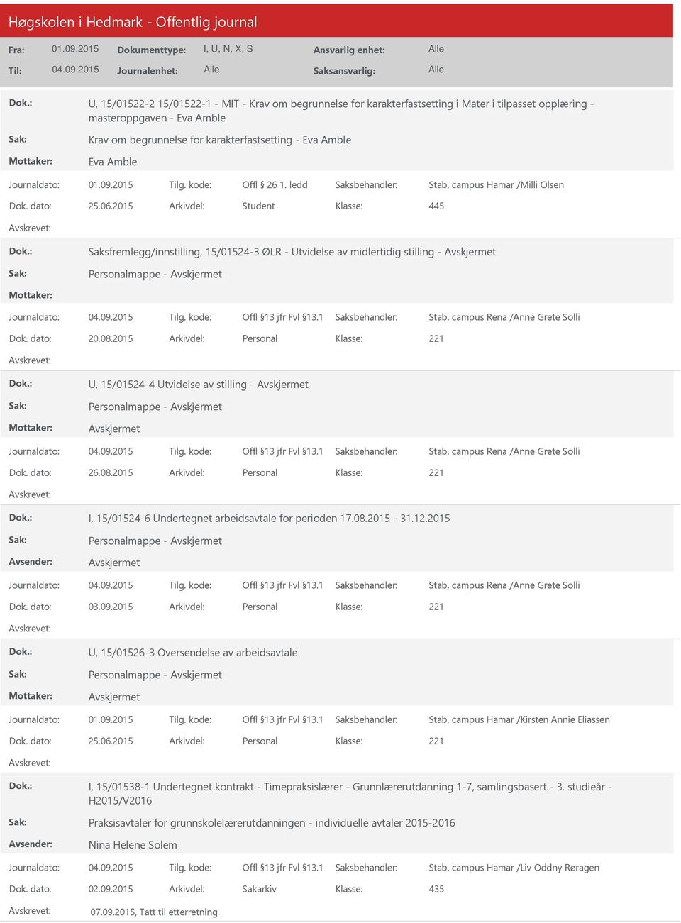 kode: Stab, campus Rena /Anne Grete Solli Dok. dato: 20.08.2015 Arkivdel: Personal, 15/01524-4 tvidelse av stilling - Personalmappe - Journaldato: Tilg. kode: Stab, campus Rena /Anne Grete Solli Dok.