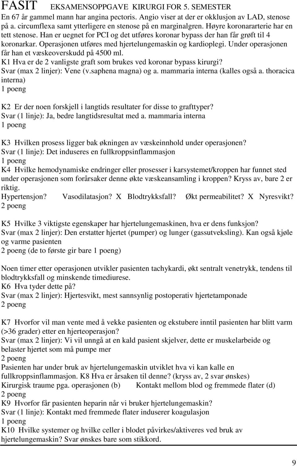 Operasjonen utføres med hjertelungemaskin og kardioplegi. Under operasjonen får han et væskeoverskudd på 4500 ml. K1 Hva er de 2 vanligste graft som brukes ved koronar bypass kirurgi?