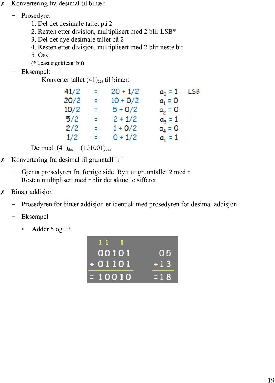 (* Least significant bit) Eksempel: Konverter tallet (41)des til binær: Dermed: (41)des = (101001)bin Konvertering fra desimal til grunntall "r" Gjenta