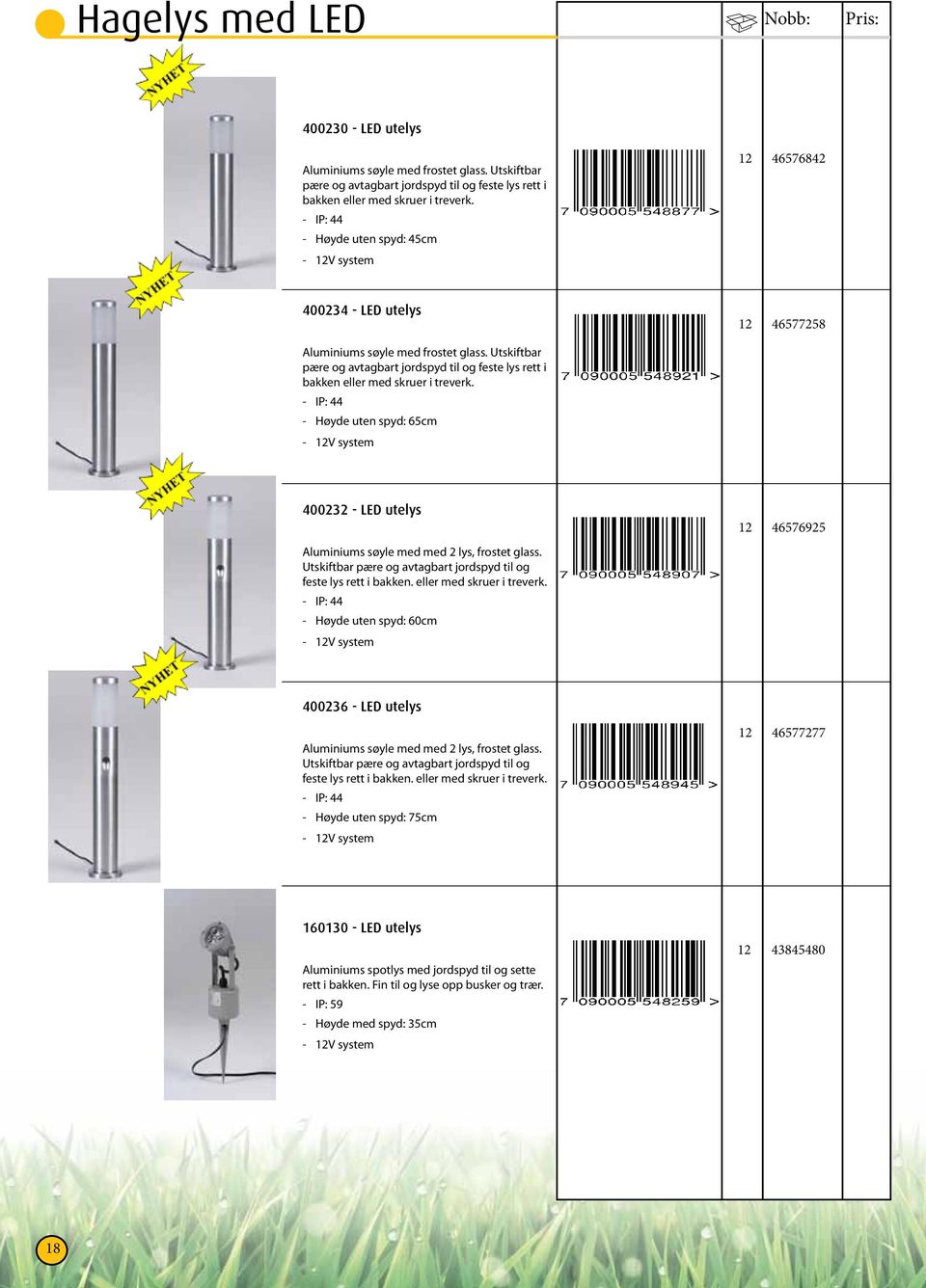 IP: 44 Høyde uten spyd: 6cm 2V system 2 467728 400232 LED utelys Aluminiums søyle med med 2 lys, frostet glass. Utskiftbar pære og avtagbart jordspyd til og feste lys rett i bakken.