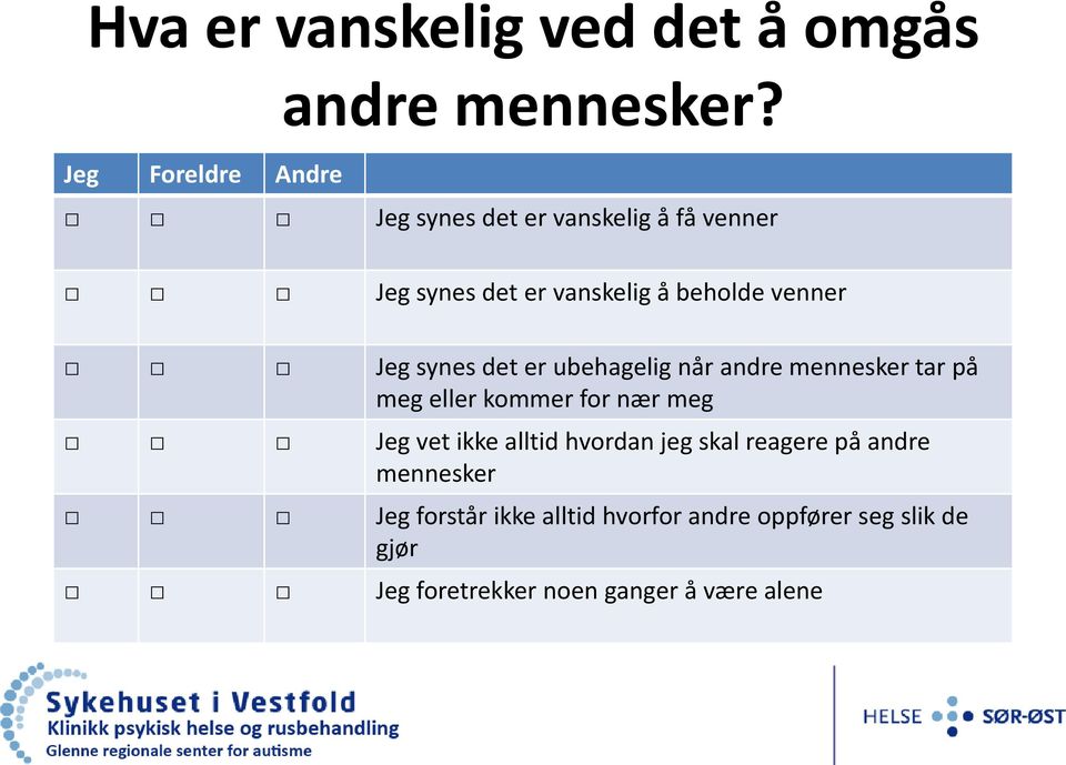 venner Jeg synes det er ubehagelig når andre mennesker tar på meg eller kommer for nær meg Jeg vet