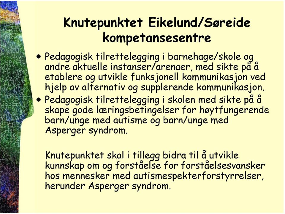 Pedagogisk tilrettelegging i skolen med sikte på å skape gode læringsbetingelser for høytfungerende barn/unge med autisme og barn/unge med