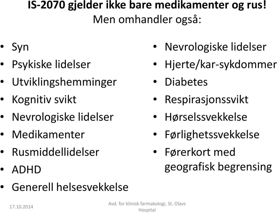 Nevrologiske lidelser Medikamenter Rusmiddellidelser ADHD Generell helsesvekkelse