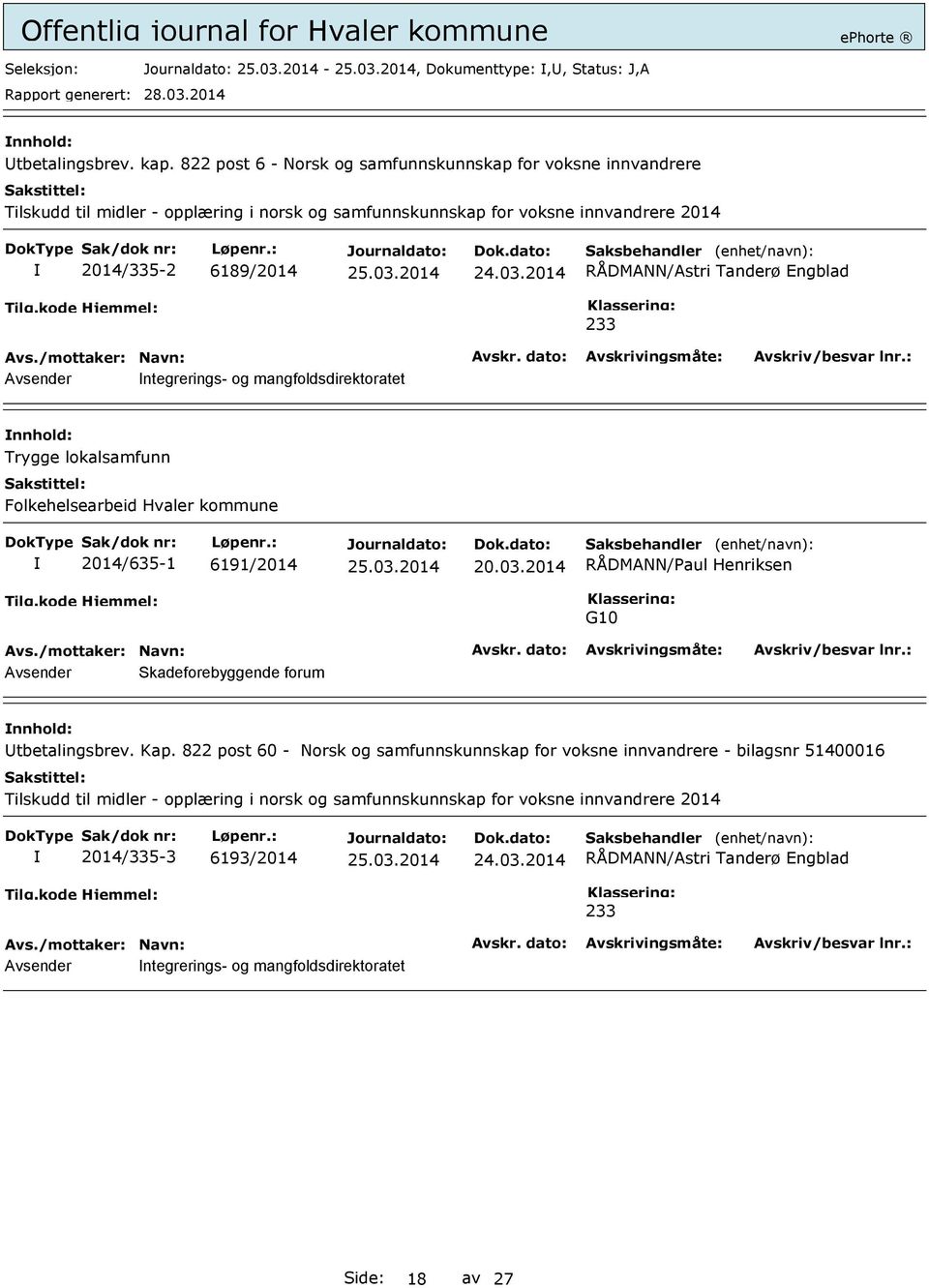 Tanderø Engblad 233 Avsender ntegrerings- og mangfoldsdirektoratet Trygge lokalsamfunn Folkehelsearbeid Hvaler kommune 2014/635-1 6191/2014 20.03.