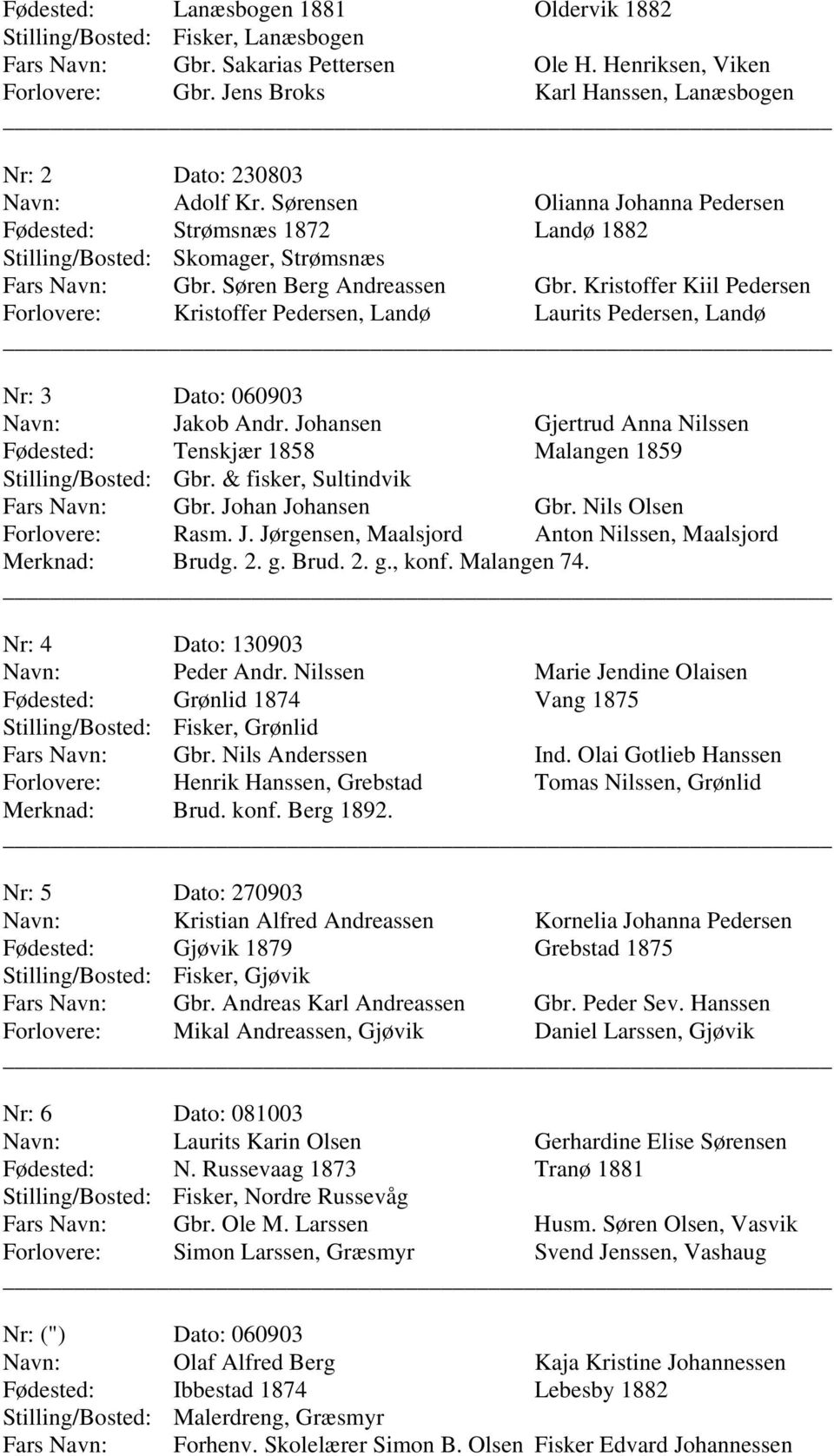 Kristoffer Kiil Pedersen Kristoffer Pedersen, Landø Laurits Pedersen, Landø 3 060903 Jakob Andr. Johansen Gjertrud Anna Nilssen Tenskjær 1858 Malangen 1859 Gbr. & fisker, Sultindvik Gbr.