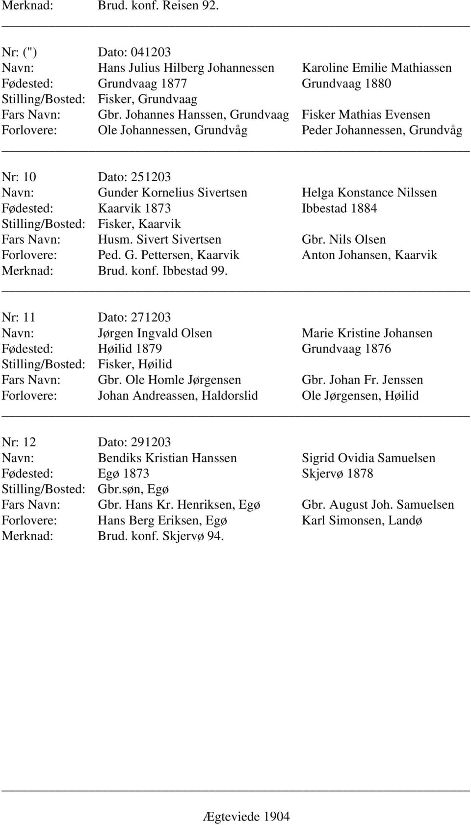 Fisker, Kaarvik Husm. Sivert Sivertsen Gbr. Nils Olsen Ped. G. Pettersen, Kaarvik Anton Johansen, Kaarvik Brud. konf. Ibbestad 99.