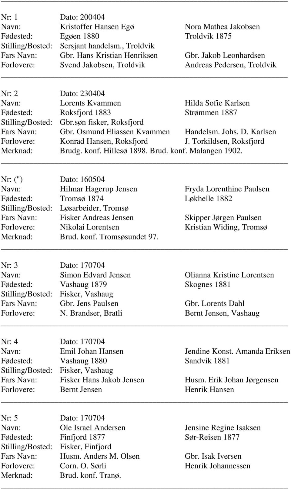 Osmund Eliassen Kvammen Handelsm. Johs. D. Karlsen Konrad Hansen, Roksfjord J. Torkildsen, Roksfjord Brudg. konf. Hillesø 1898. Brud. konf. Malangen 1902.