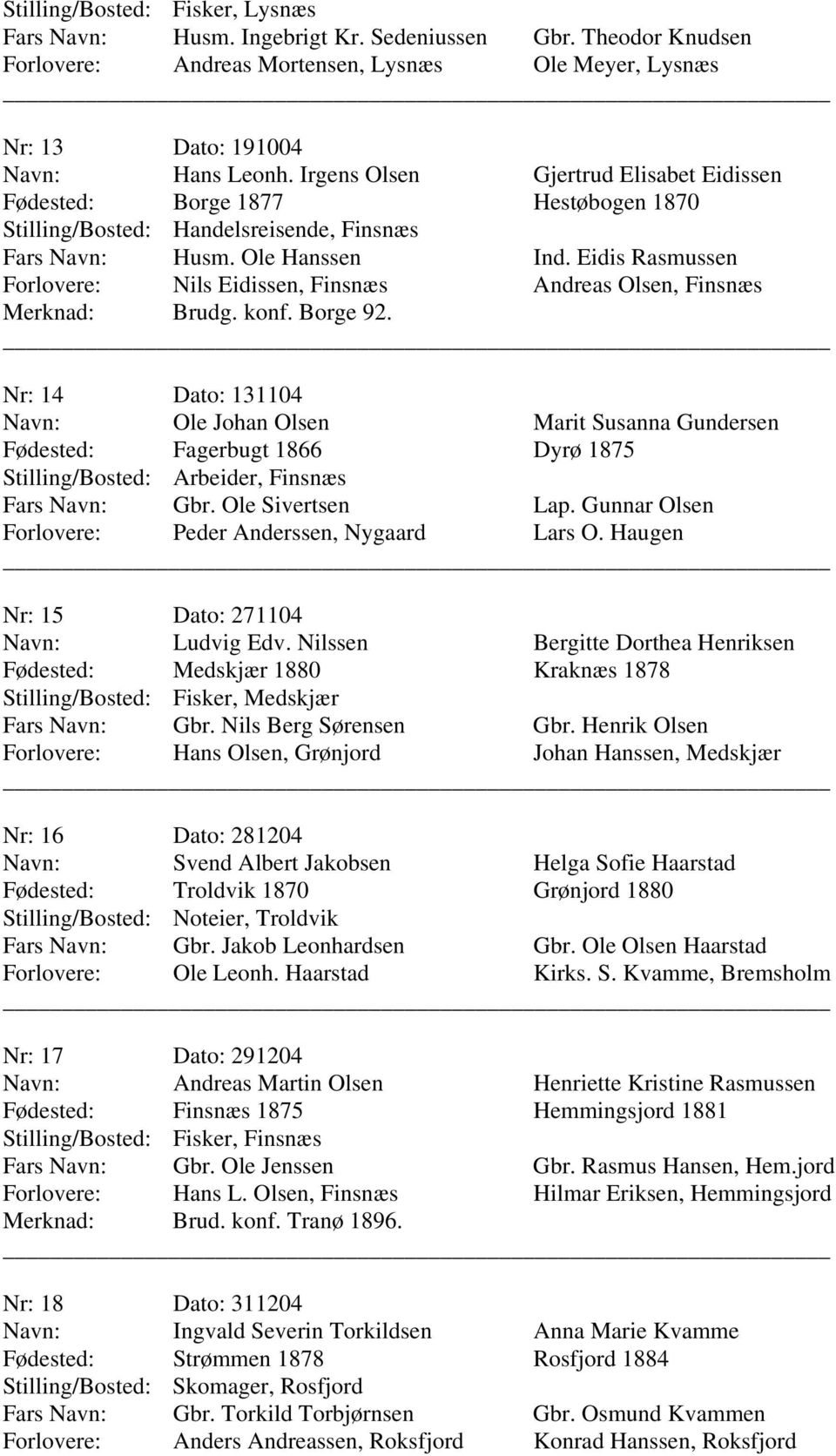 14 131104 Ole Johan Olsen Marit Susanna Gundersen Fagerbugt 1866 Dyrø 1875 Arbeider, Finsnæs Gbr. Ole Sivertsen Lap. Gunnar Olsen Peder Anderssen, Nygaard Lars O. Haugen 15 271104 Ludvig Edv.