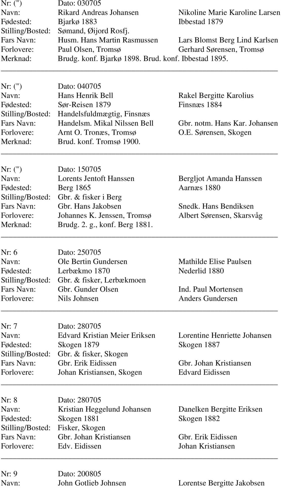 (") 040705 Hans Henrik Bell Rakel Bergitte Karolius Sør-Reisen 1879 Finsnæs 1884 Handelsfuldmægtig, Finsnæs Handelsm. Mikal Nilssen Bell Gbr. notm. Hans Kar. Johansen Arnt O. Tronæs, Tromsø O.E.