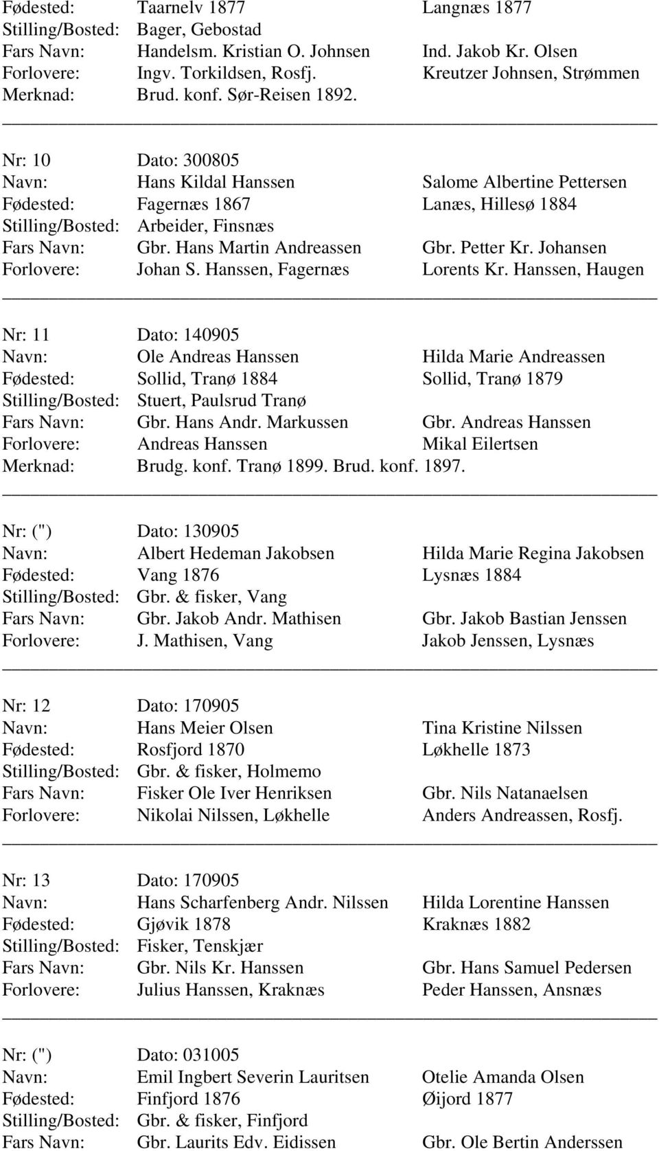 Hanssen, Haugen 11 140905 Ole Andreas Hanssen Hilda Marie Andreassen Sollid, Tranø 1884 Sollid, Tranø 1879 Stuert, Paulsrud Tranø Gbr. Hans Andr. Markussen Gbr.