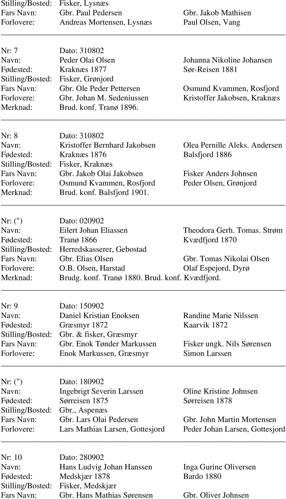 Andersen Kraknæs 1876 Balsfjord 1886 Fisker, Kraknæs Gbr. Jakob Olai Jakobsen Fisker Anders Johnsen Osmund Kvammen, Rosfjord Peder Olsen, Grønjord Brud. konf. Balsfjord 1901.