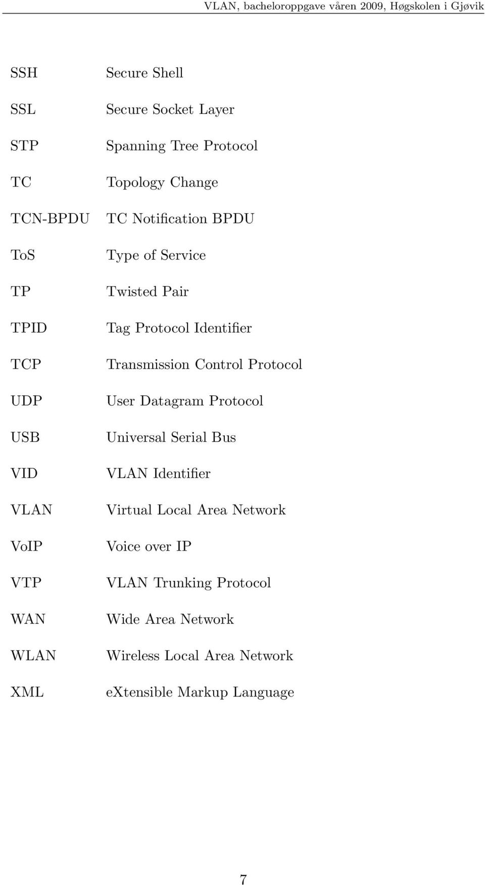 Transmission Control Protocol User Datagram Protocol Universal Serial Bus VLAN Identifier Virtual Local Area