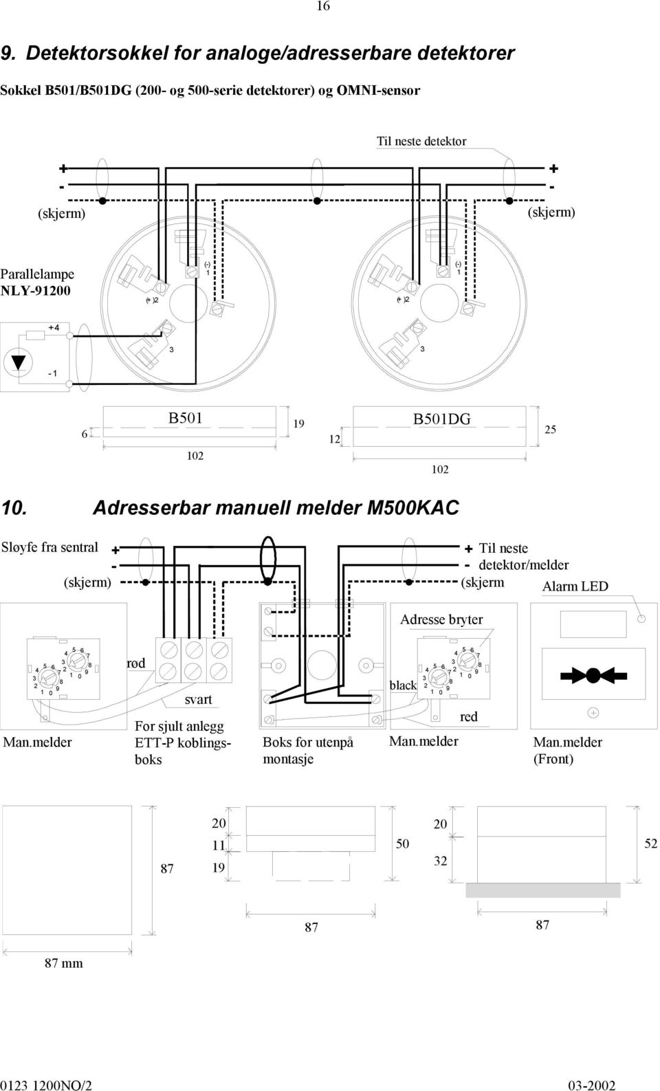 Adresserbar manuell melder M500KAC Sløyfe fra sentral - (skjerm) Til neste - detektor/melder (skjerm Alarm LED Adresse bryter 4 5 6 7 3 4 5 6 2 7 1 3 8 2