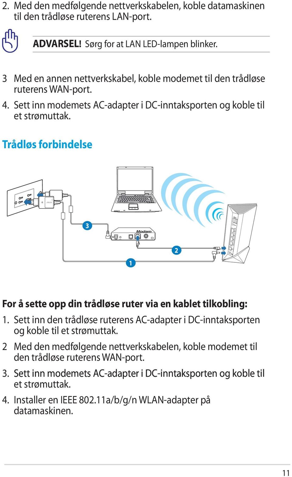 Trådløs forbindelse 3 Modem 2 1 For å sette opp din trådløse ruter via en kablet tilkobling: 1.