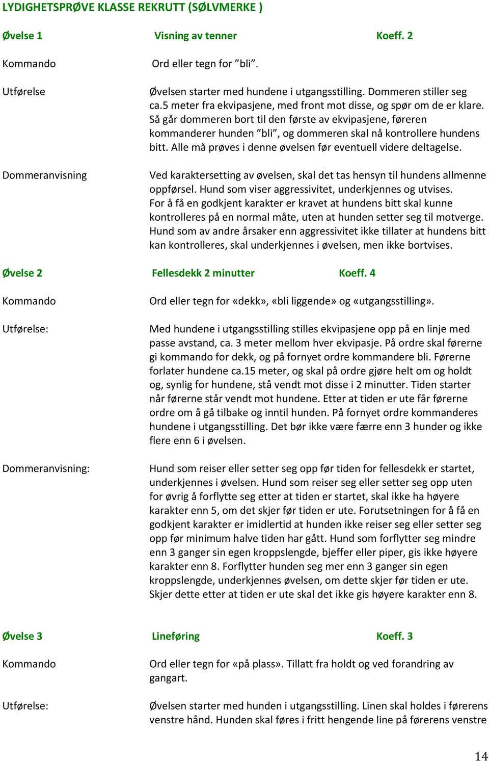 Så går dommeren bort til den første av ekvipasjene, føreren kommanderer hunden bli, og dommeren skal nå kontrollere hundens bitt. Alle må prøves i denne øvelsen før eventuell videre deltagelse.