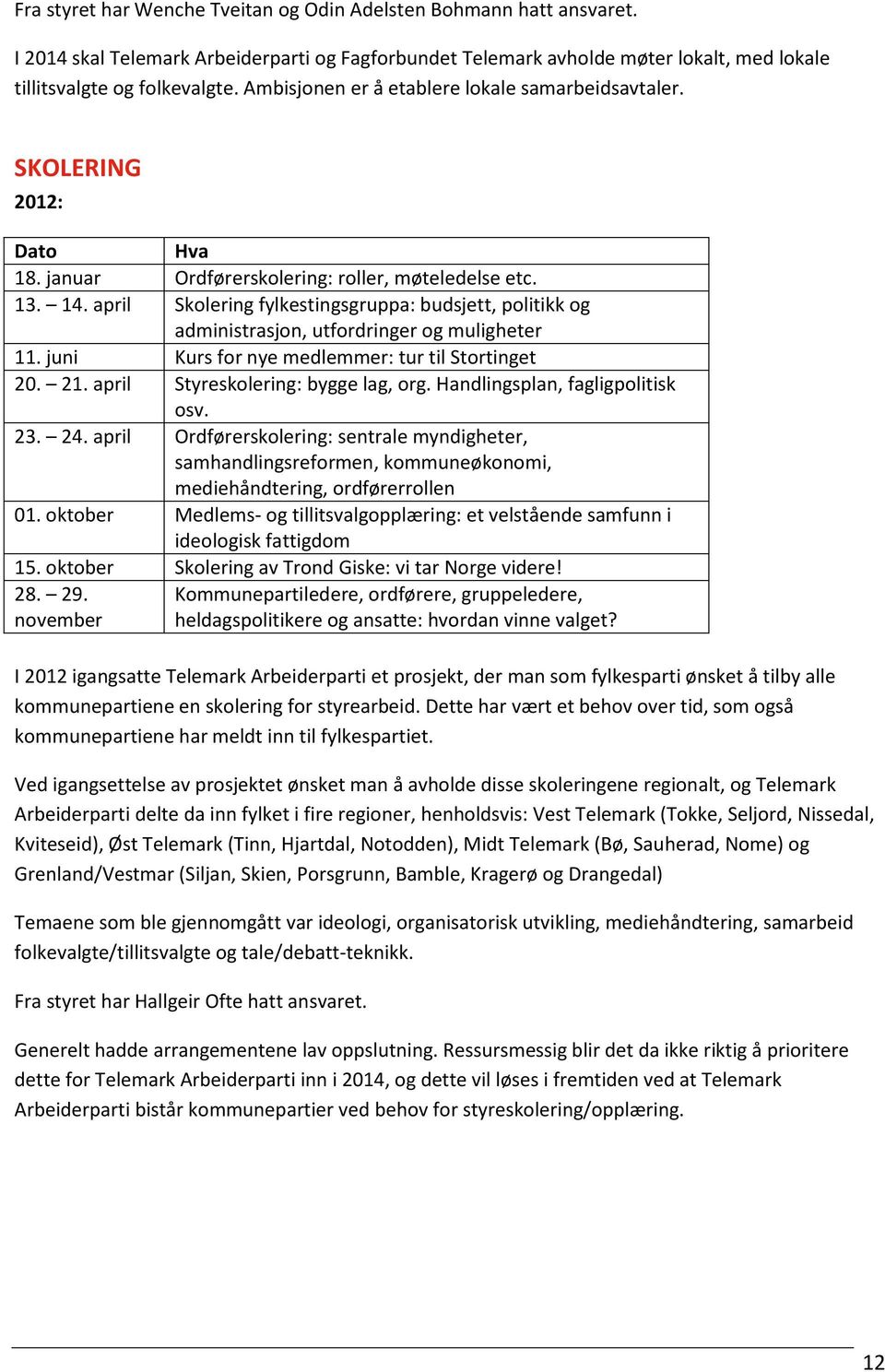 april Skolering fylkestingsgruppa: budsjett, politikk og administrasjon, utfordringer og muligheter 11. juni Kurs for nye medlemmer: tur til Stortinget 20. 21. april Styreskolering: bygge lag, org.