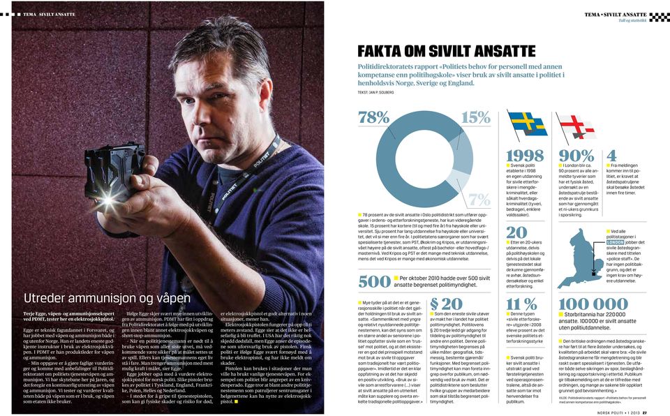 Solberg 78% 15% Utreder ammunisjon og våpen Terje Egge, våpen- og ammunisjonsekspert ved PDMT, tester her en elektrosjokkpistol.