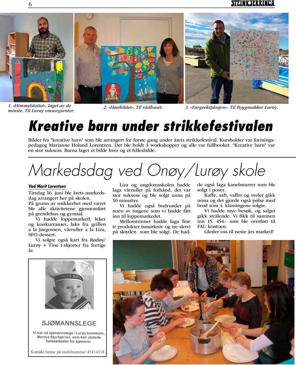 Det ble holdt 3 workshopper og alle var fullbooket. "Kreative barn" var en stor suksess. Barna laget et bilde hver og et fellesbilde. Markedsdag ved Onøy/Lurøy skole Ved Marit Lorentsen Tirsdag 16.