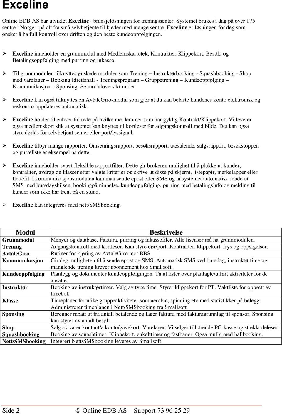 Exceline inneholder en grunnmodul med Medlemskartotek, Kontrakter, Klippekort, Besøk, og Betalingsoppfølging med purring og inkasso.