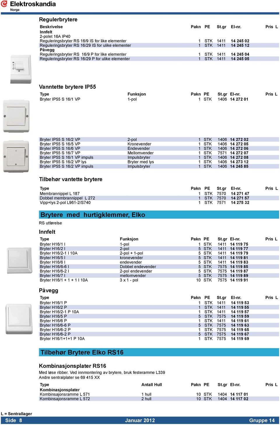 Pris L Bryter IP55 S 16/1 VP 1-pol 1 STK 1406 14 272 01 Bryter IP55 S 16/2 VP 2-pol 1 STK 1406 14 272 02 Bryter IP55 S 16/5 VP Kronevender 1 STK 1406 14 272 05 Bryter IP55 S 16/6 VP Endevender 1 STK