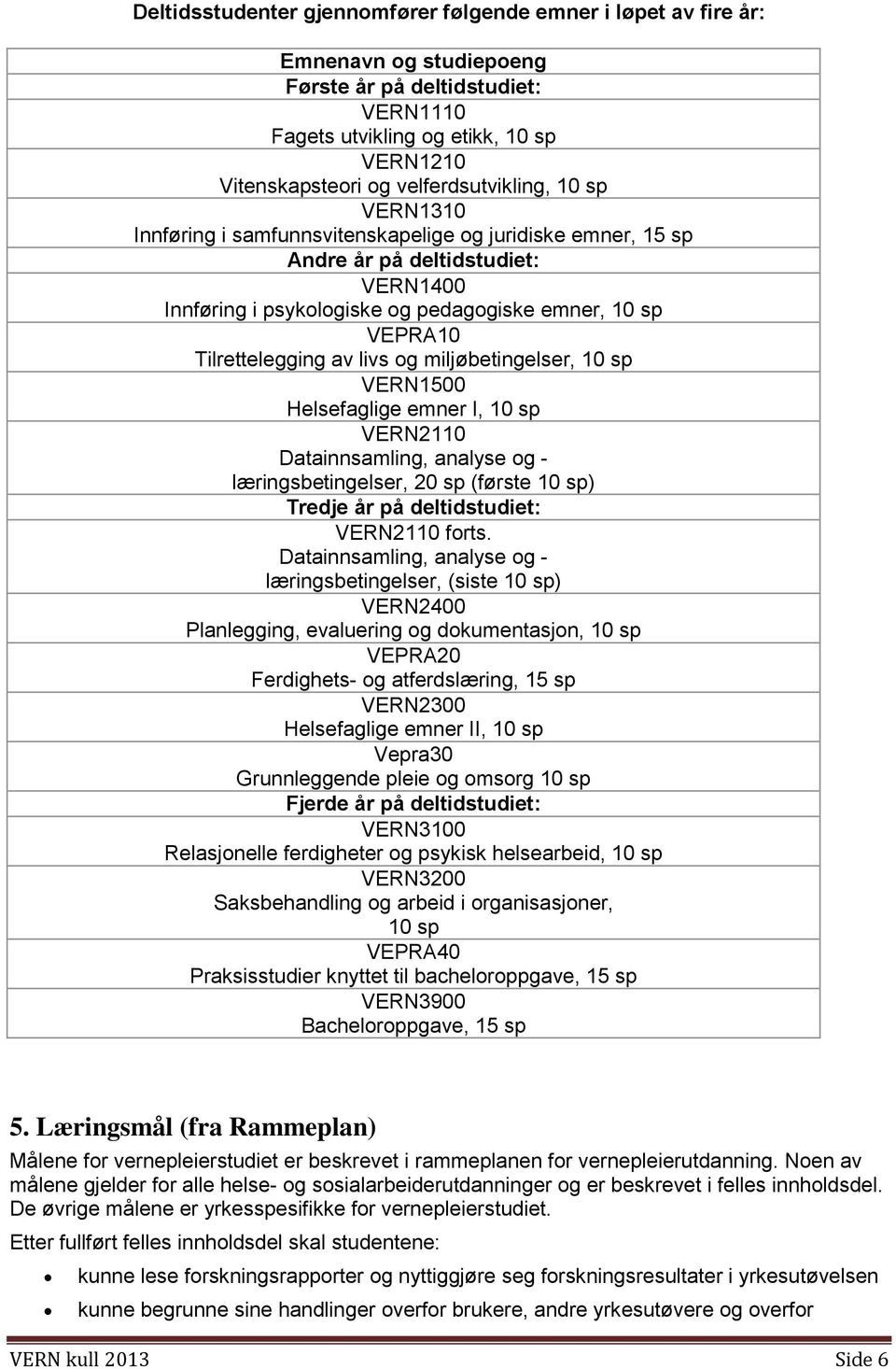 Tilrettelegging av livs og miljøbetingelser, 10 sp VERN1500 Helsefaglige emner I, 10 sp VERN2110 Datainnsamling, analyse og - læringsbetingelser, 20 sp (første 10 sp) Tredje år på deltidstudiet: