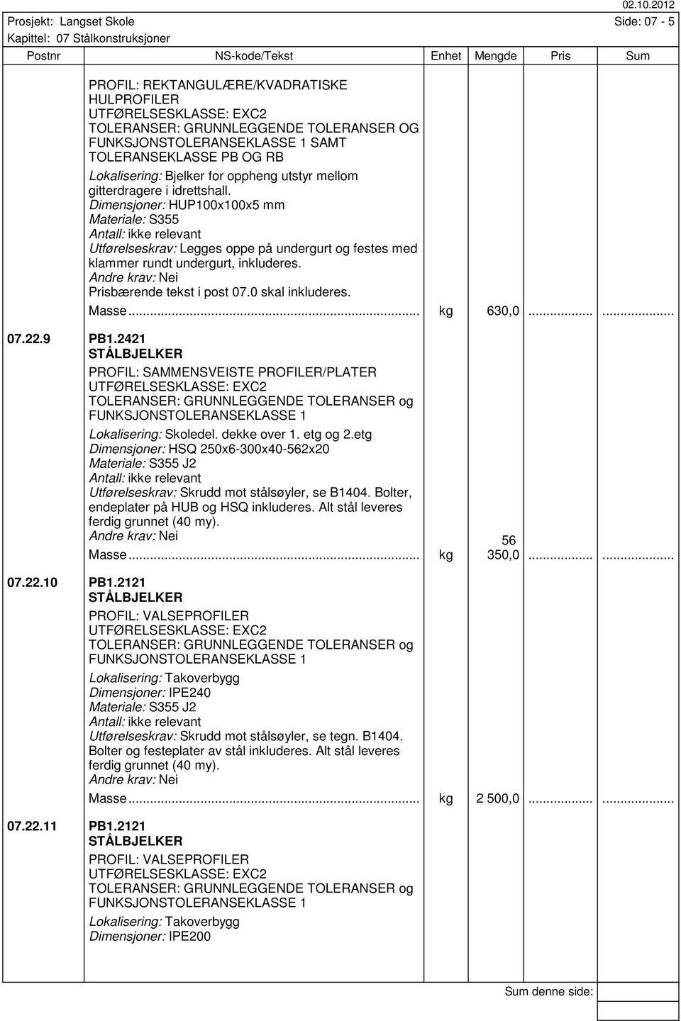 2421 PROFIL: SAMMENSVEISTE PROFILER/PLATER TOLERANSER: GRUNNLEGGENDE TOLERANSER og FUNKSJONSTOLERANSEKLASSE 1 Lokalisering: Skoledel. dekke over 1. etg og 2.