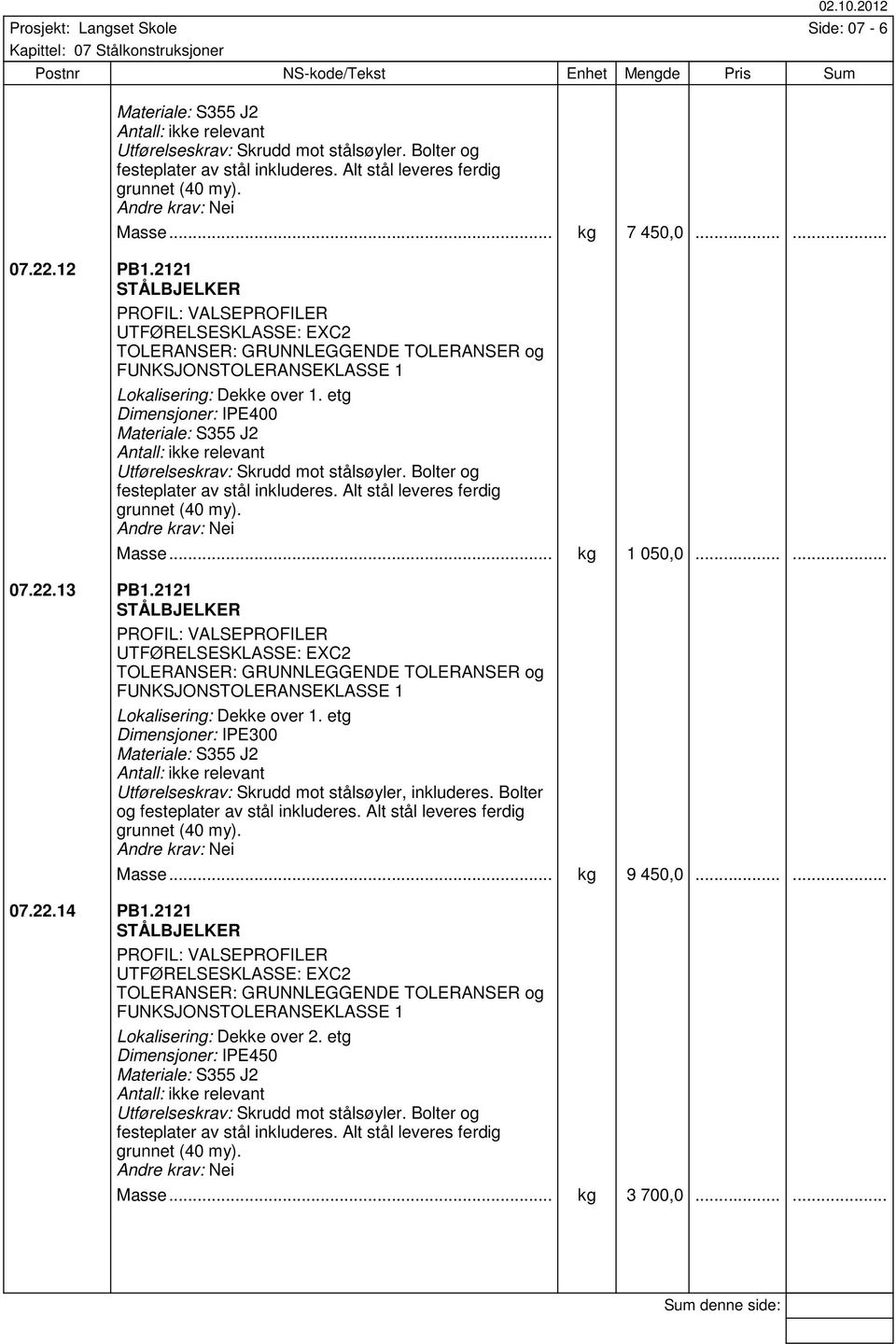 Bolter og festeplater av stål Alt stål leveres ferdig grunnet (40 my). Masse... kg 1 050,0...... 07.22.13 PB1.