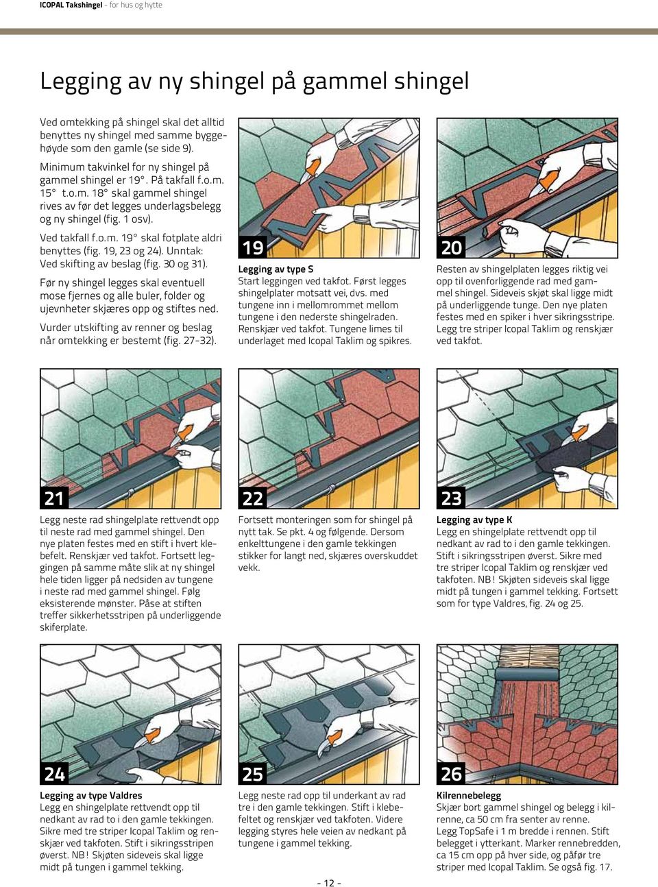 19, 23 og 24). Unntak: Ved skifting av beslag (fig. 30 og 31). Før ny shingel legges skal eventuell mose fjernes og alle buler, folder og ujevnheter skjæres opp og stiftes ned.