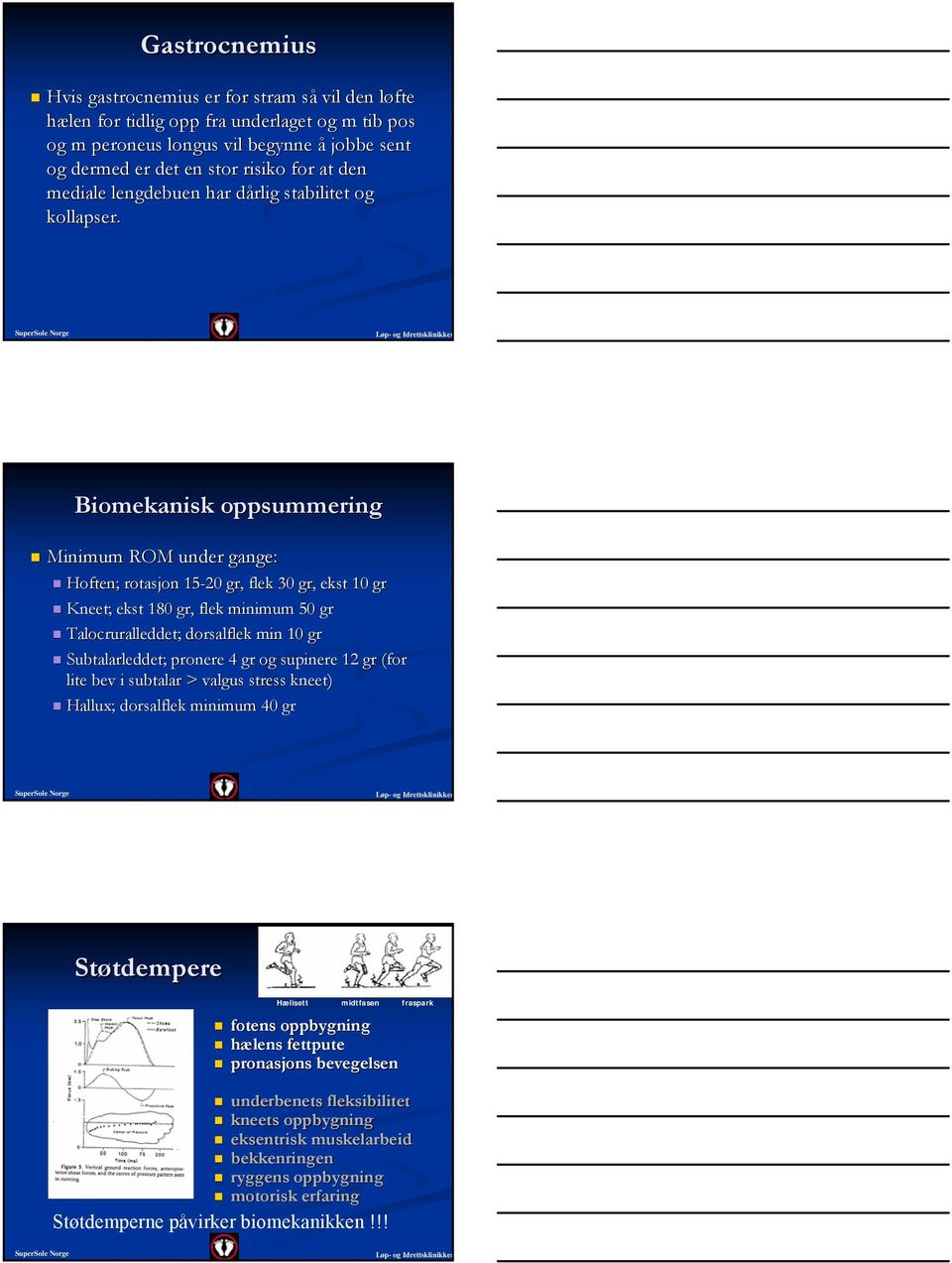 Biomekanisk oppsummering Minimum ROM under gange: Hoften; rotasjon 15-20 gr, flek 30 gr, ekst 10 gr Kneet; ekst 180 gr, flek minimum 50 gr Talocruralleddet; dorsalflek min 10 gr Subtalarleddet; ;