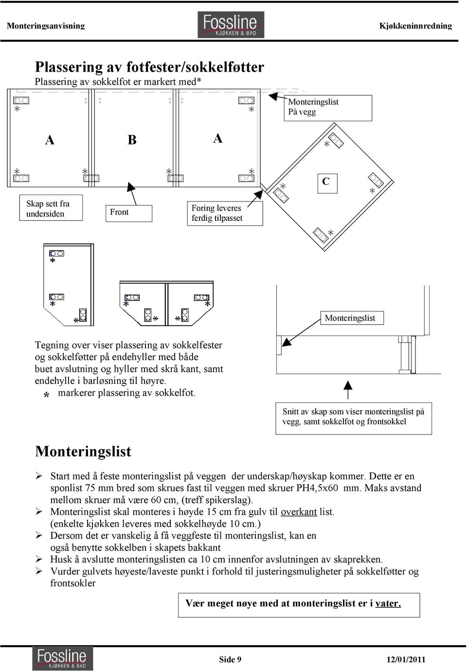 * Snitt av skap som viser monteringslist på vegg, samt sokkelfot og frontsokkel Monteringslist Start med å feste monteringslist på veggen der underskap/høyskap kommer.