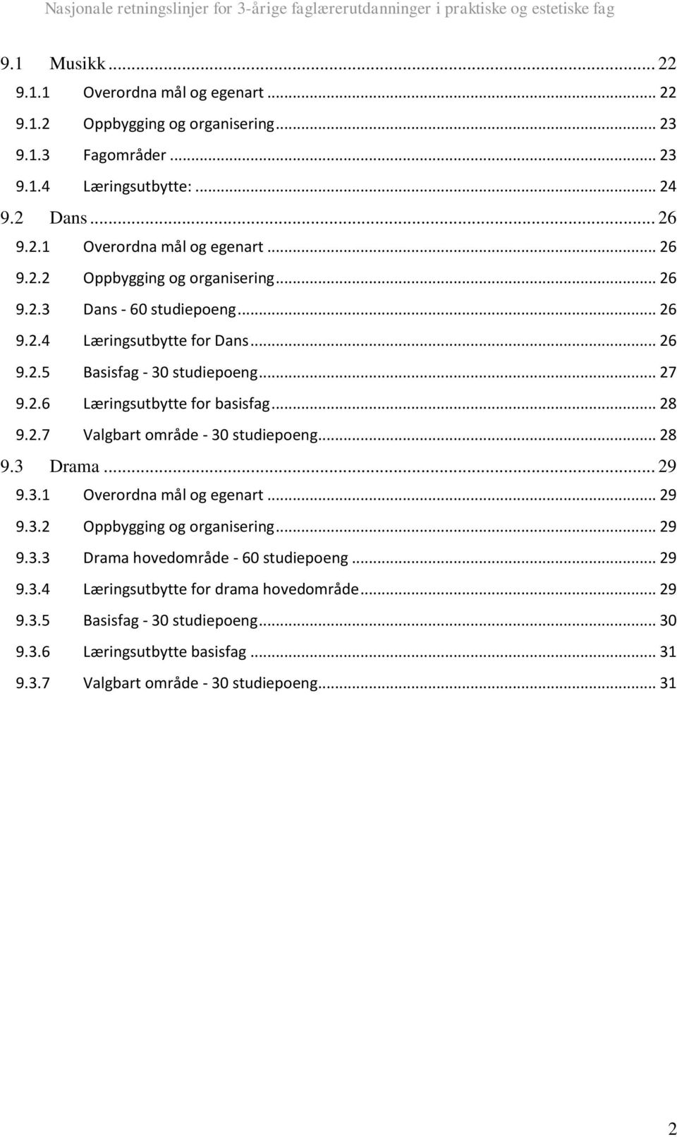 3.1 Overordna mål og egenart... 29 9.3.2 Oppbygging og organisering... 29 9.3.3 Drama hovedområde - 60 studiepoeng... 29 9.3.4 Læringsutbytte for drama hovedområde... 29 9.3.5 Basisfag - 30 studiepoeng.