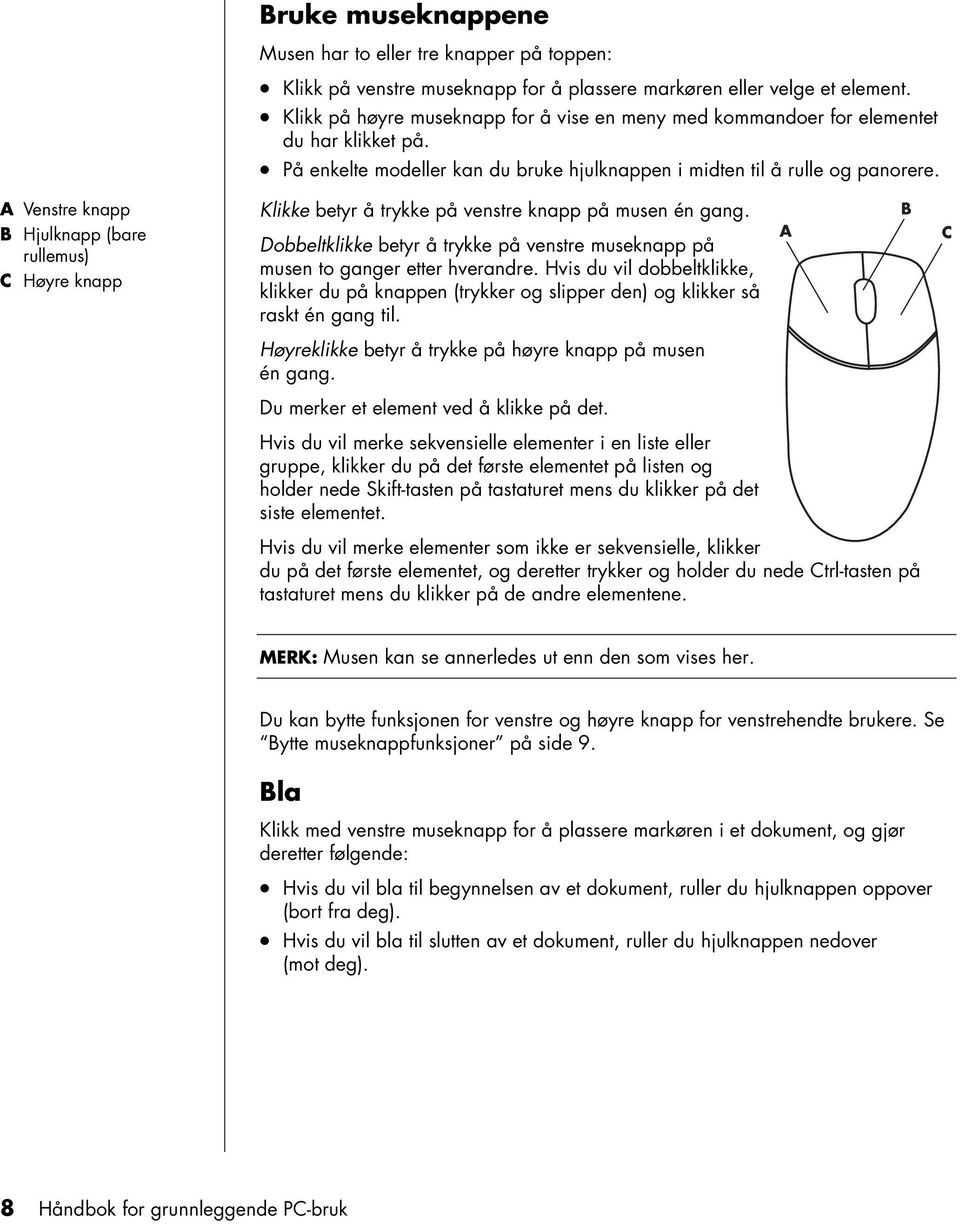 A Venstre knapp B Hjulknapp (bare rullemus) C Høyre knapp Klikke betyr å trykke på venstre knapp på musen én gang.