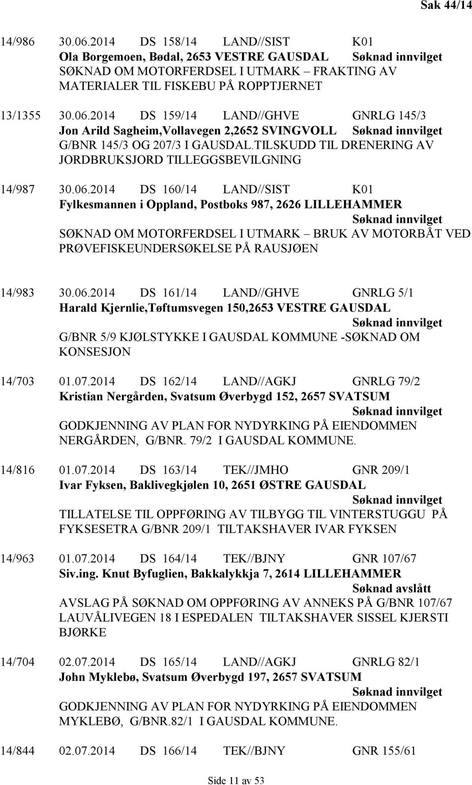 2014 DS 160/14 LAND//SIST K01 Fylkesmannen i Oppland, Postboks 987, 2626 LILLEHAMMER SØKNAD OM MOTORFERDSEL I UTMARK BRUK AV MOTORBÅT VED PRØVEFISKEUNDERSØKELSE PÅ RAUSJØEN 14/983 30.06.