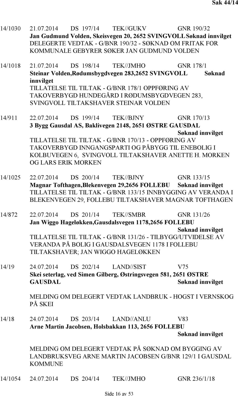 2014 DS 198/14 TEK//JMHO GNR 178/1 Steinar Volden,Rødumsbygdvegen 283,2652 SVINGVOLL Søknad innvilget TILLATELSE TIL TILTAK - G/BNR 178/1 OPPFØRING AV TAKOVERBYGD HUNDEGÅRD I RØDUMSBYGDVEGEN 283,