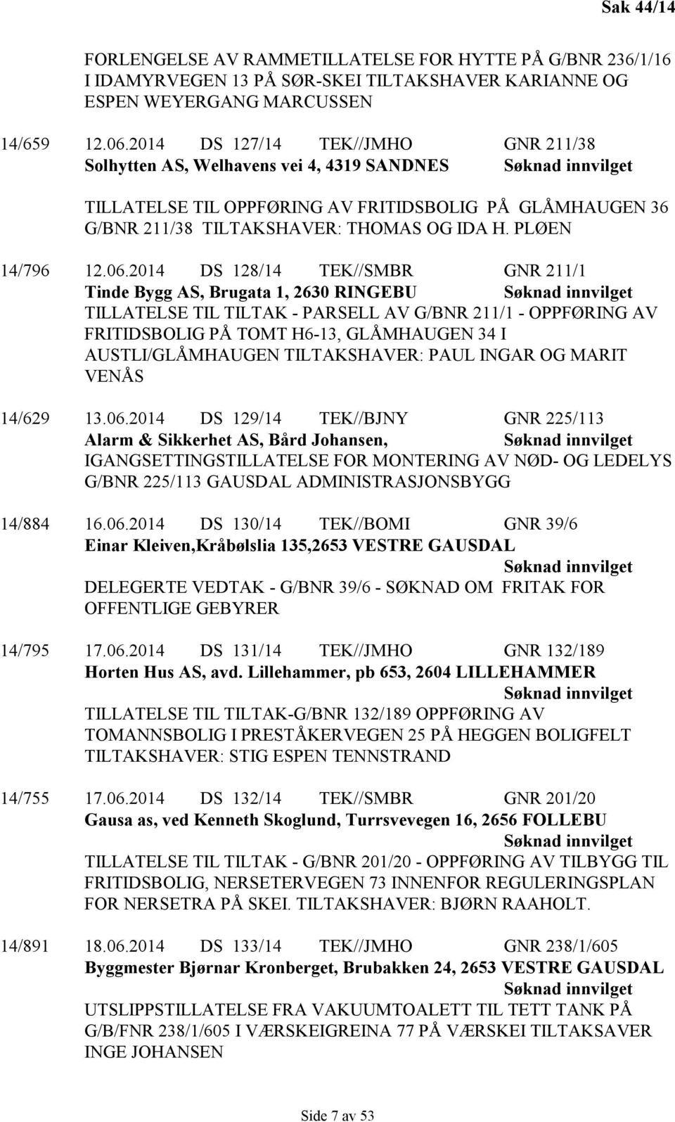 06.2014 DS 128/14 TEK//SMBR GNR 211/1 Tinde Bygg AS, Brugata 1, 2630 RINGEBU TILLATELSE TIL TILTAK - PARSELL AV G/BNR 211/1 - OPPFØRING AV FRITIDSBOLIG PÅ TOMT H6-13, GLÅMHAUGEN 34 I