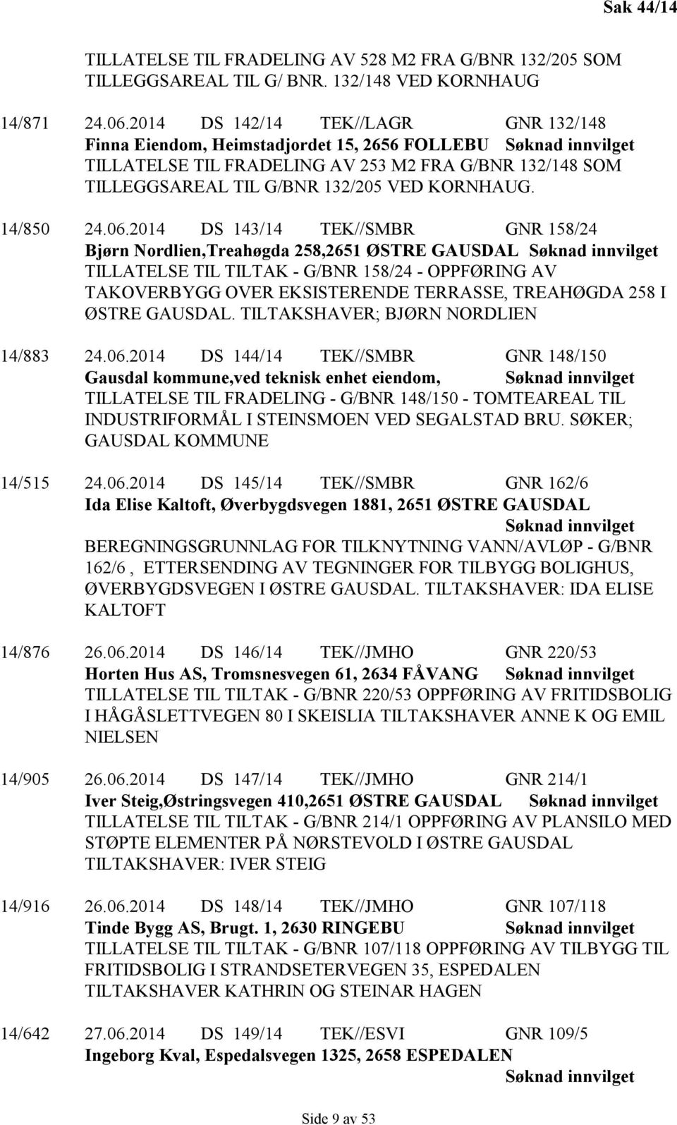 2014 DS 143/14 TEK//SMBR GNR 158/24 Bjørn Nordlien,Treahøgda 258,2651 ØSTRE GAUSDAL TILLATELSE TIL TILTAK - G/BNR 158/24 - OPPFØRING AV TAKOVERBYGG OVER EKSISTERENDE TERRASSE, TREAHØGDA 258 I ØSTRE