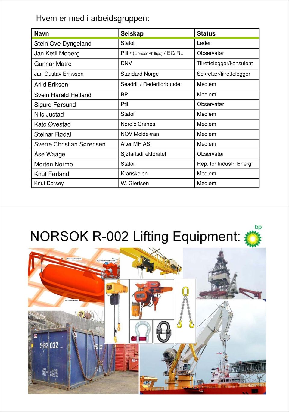 Sigurd Førsund Ptil Observatør Nils Justad Statoil Medlem Kato Øvestad Nordic Cranes Medlem Steinar Rødal NOV Moldekran Medlem Sverre Christian Sørensen Aker MH AS