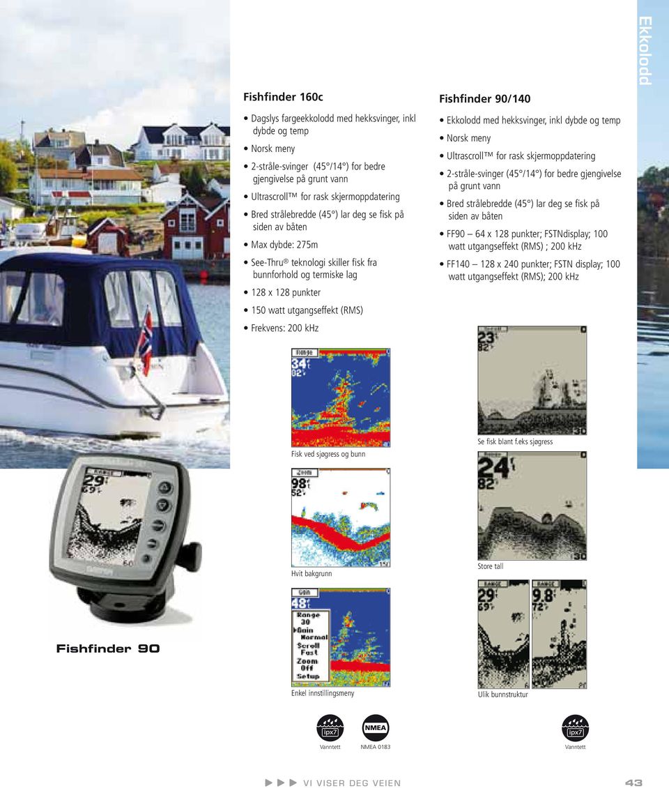 Fishfinder 90/140 Ekkolodd med hekksvinger, inkl dybde og temp Norsk meny Ultrascroll for rask skjermoppdatering 2strålesvinger (45 /14 ) for bedre gjengivelse på grunt vann Bred strålebredde (45 )