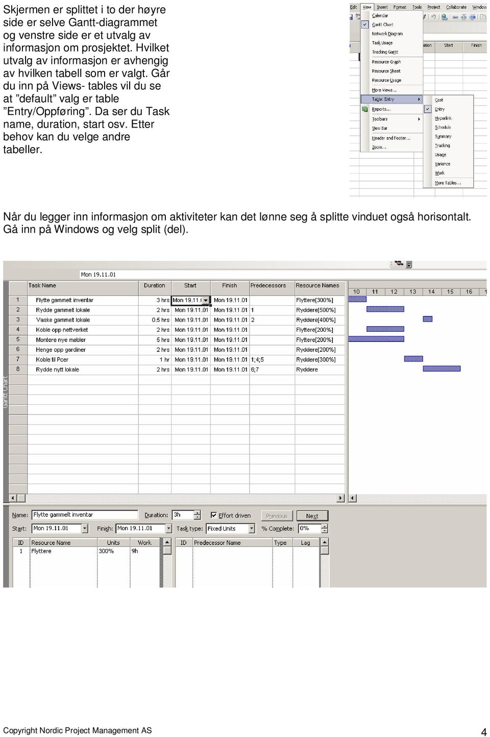 Går du inn på Views- tables vil du se at default valg er table Entry/Oppføring. Da ser du Task name, duration, start osv.